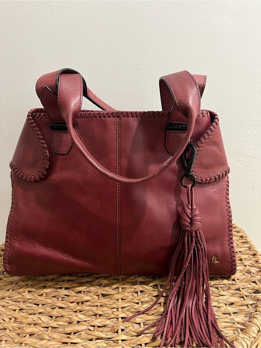 Elliott Lucca Leather Tassel Tote Bag in Burgundy